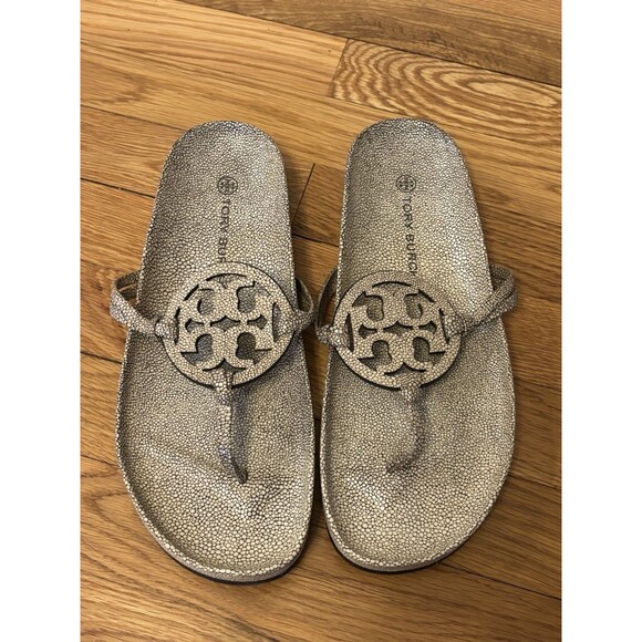 Tory Burch Miller Cloud Stingray Printed Leather in Sand Size 11 Sandals Shoes - Picture 2 of 16